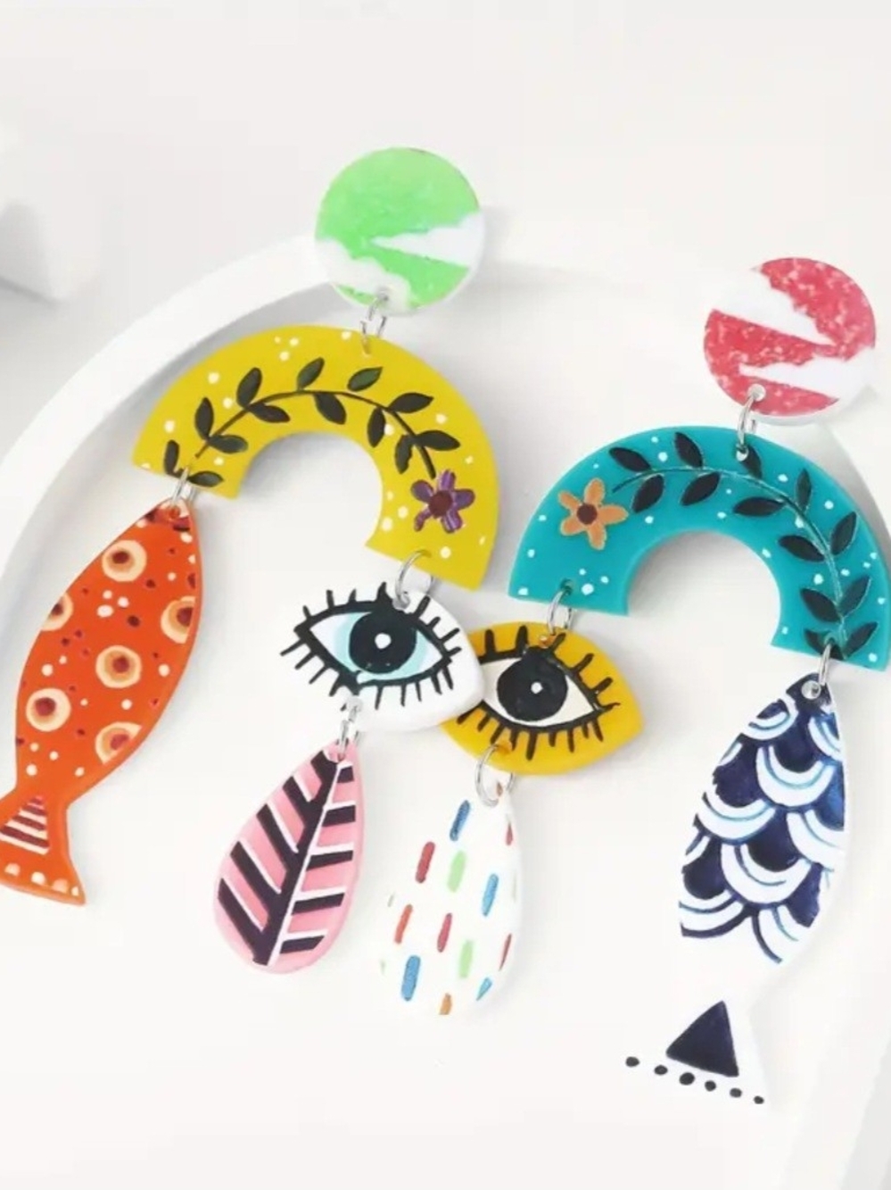 Bohemian Dangle Geometric Colorful Eye & Fish Fun 2.75" Earrings